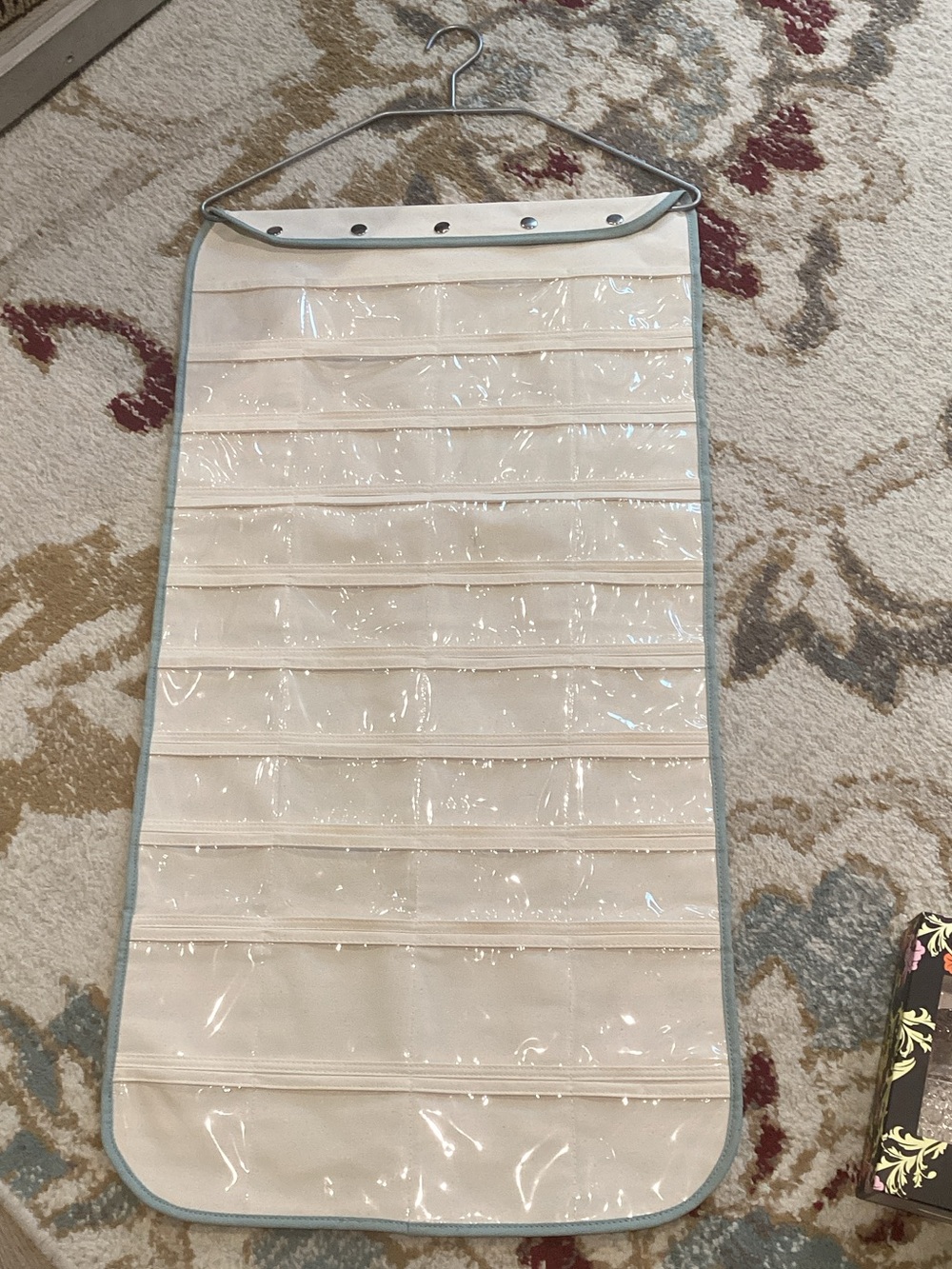 Beige Jewelry Pocket Organizer with Light Blue Trim - Hanging Storage